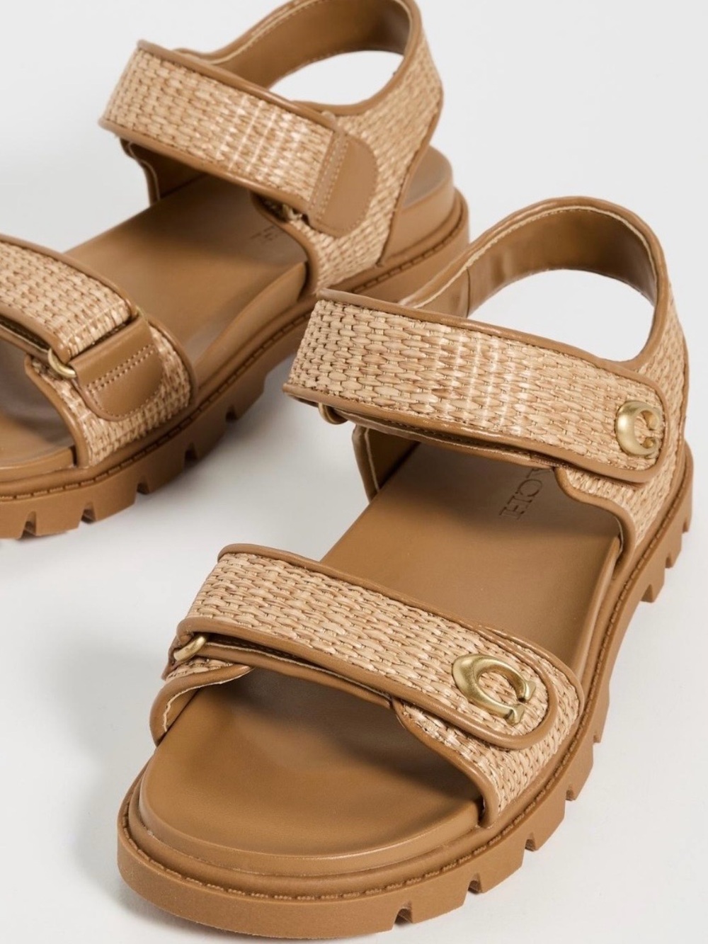 NWT Coach Brynn Raffia Sandals Natural Straw Gold Hardware Velcro Straps Size 5 - Picture 2 of 11